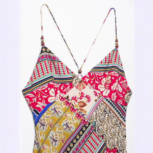 Fashion printed camisole backless MIDI dress for women