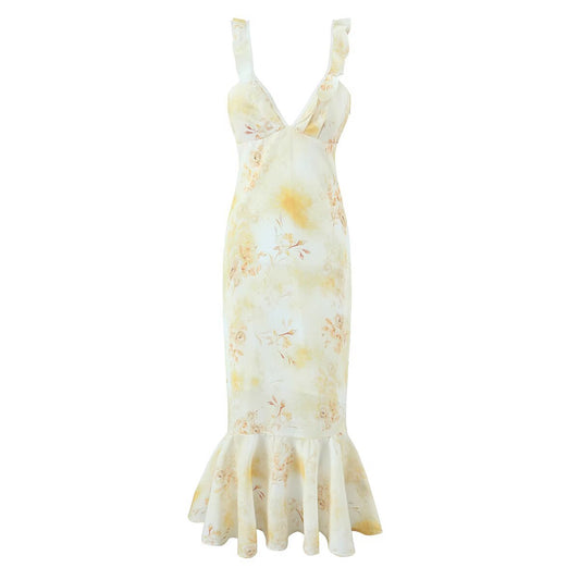 Printed back strap suspender fishtail dress for women